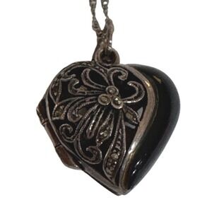 Sterling Silver Heart Locket Necklace Marcasite‎ Filigree Pendant 925 Romantic